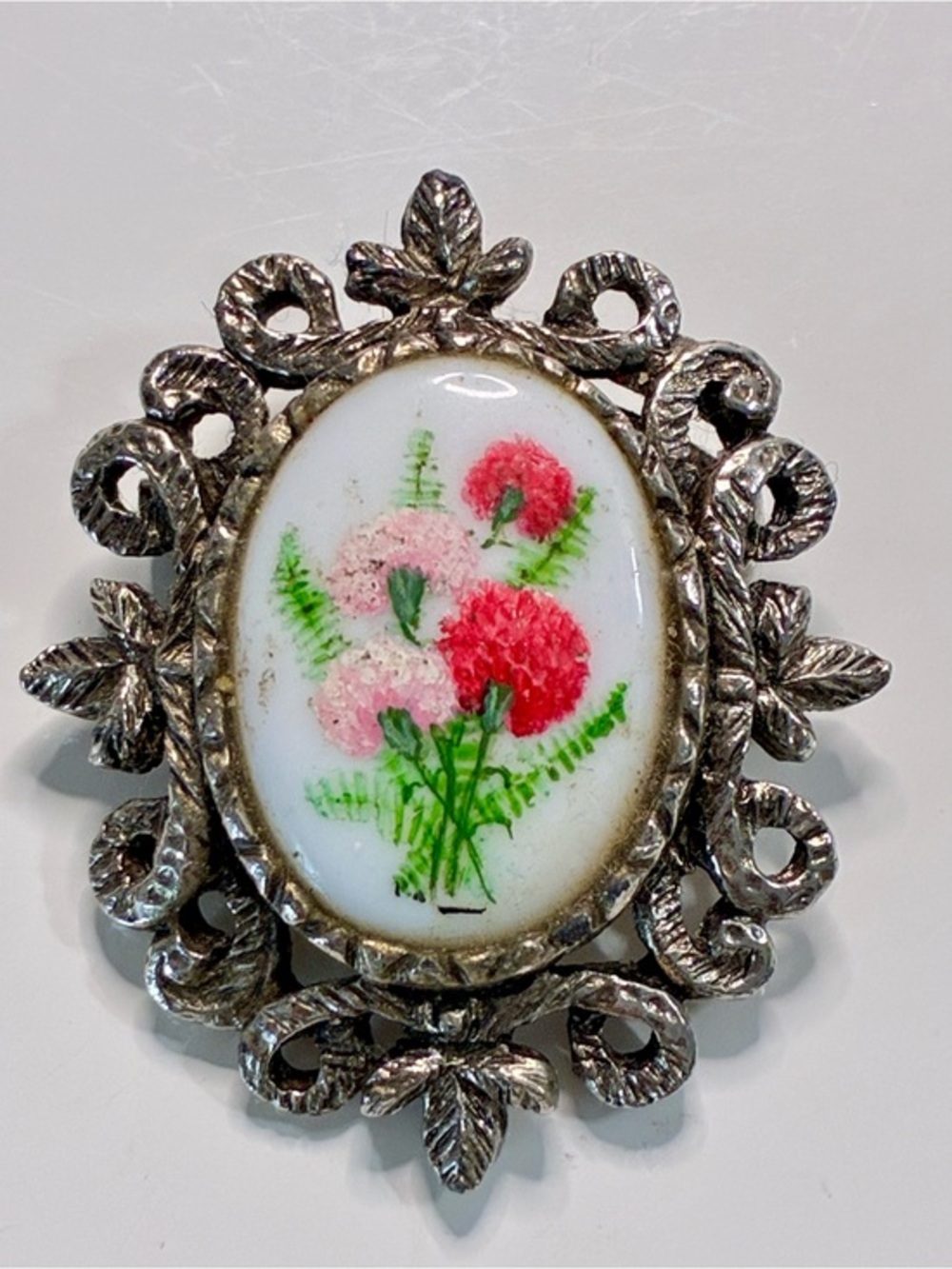 Vintage Hand- Painted Floral Cabochon Brooch Orante Silver Detailed Frame